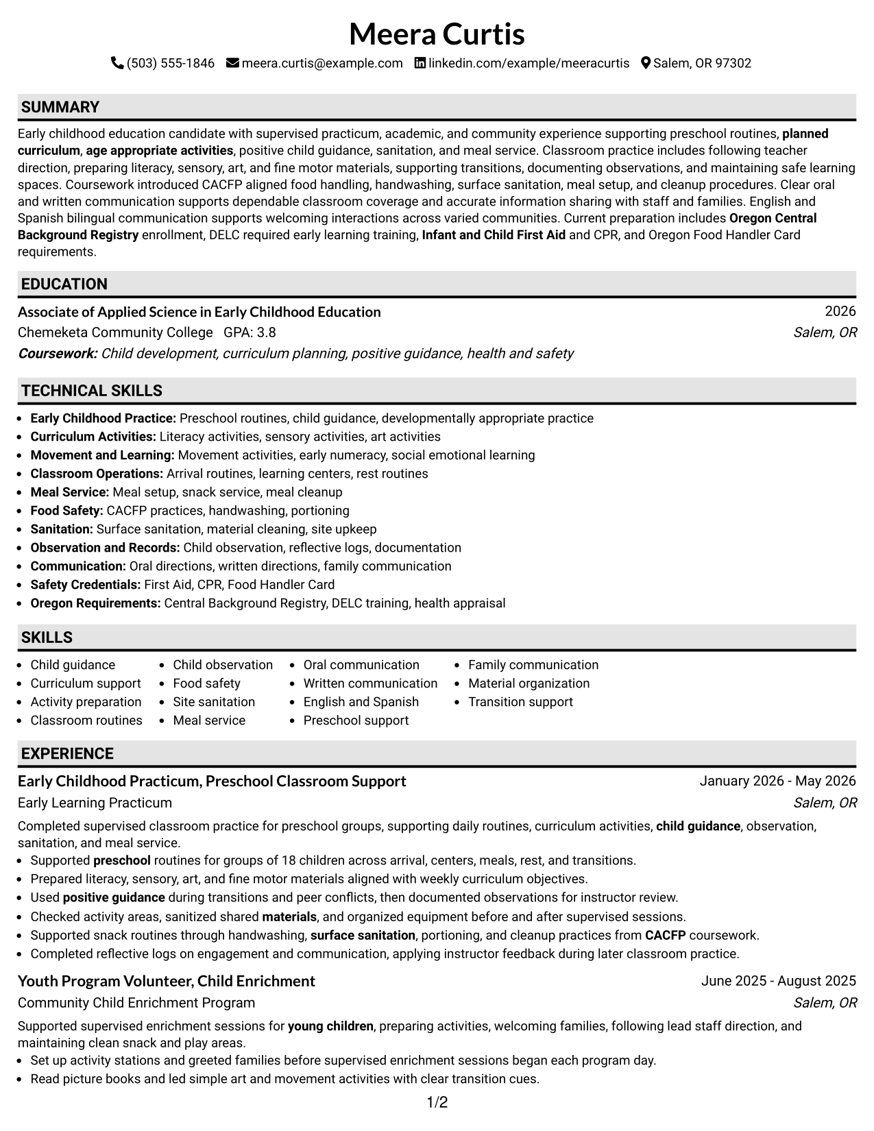 Resume Example Page 1