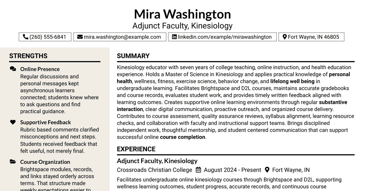 7 Online Adjunct Faculty - Kinesiology Resume Templates with Example