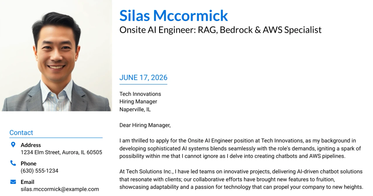 30+ Onsite AI Engineer: RAG, Bedrock & AWS Specialist Cover Letter Templates with Example 2026