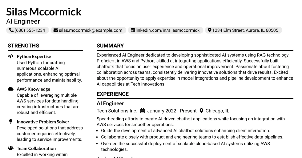 33 Onsite AI Engineer: RAG, Bedrock & AWS Specialist Resume Templates with Example 2026 (ATS-Optimized)