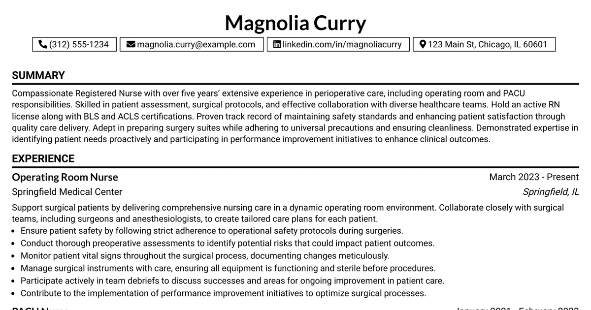 33 Operating Room/Preop/PACU Nurse Resume Templates with Example 2026 (ATS-Optimized)