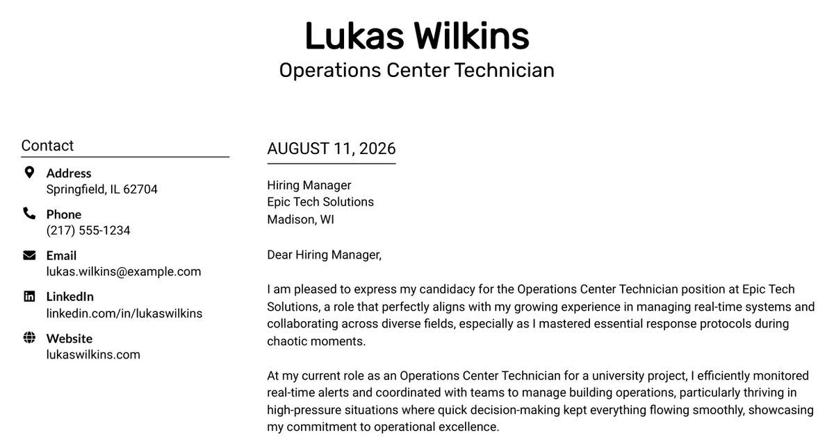 30+ Operations Center Technician Cover Letter Templates with Example 2026