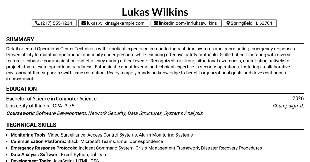 33 Operations Center Technician Resume Templates with Example 2026 (ATS-Optimized)