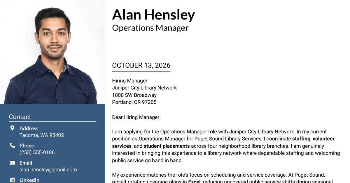 7 Operations Manager - Library Staffing and Volunteer Services Cover Letter Templates with Example