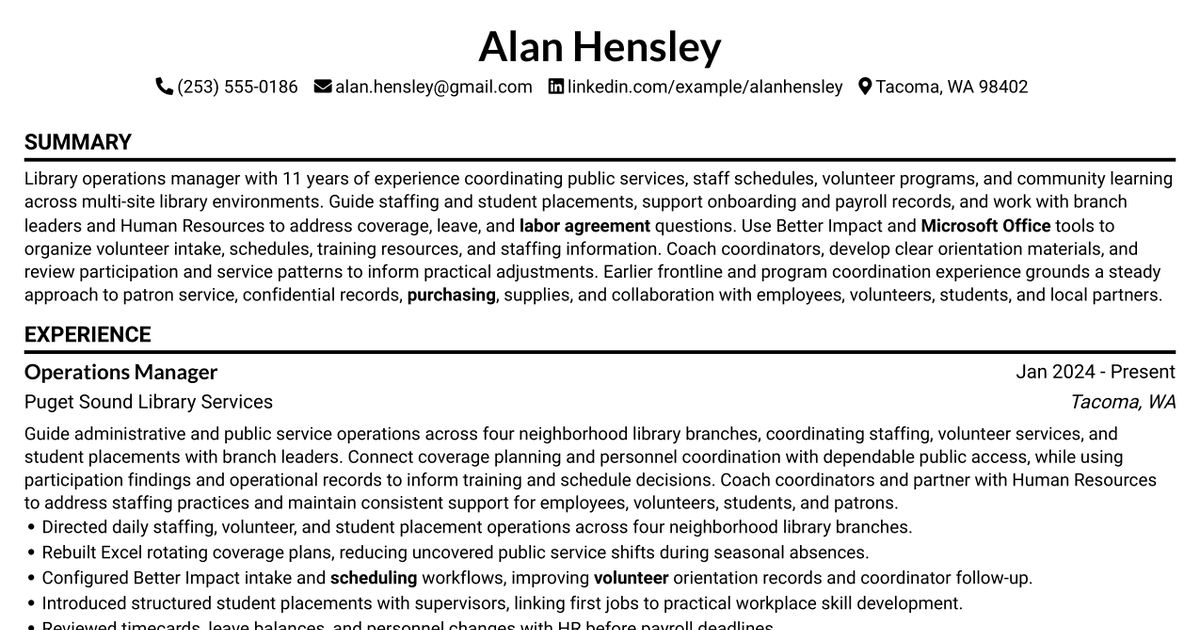 7 Operations Manager - Library Staffing and Volunteer Services Resume Templates with Example