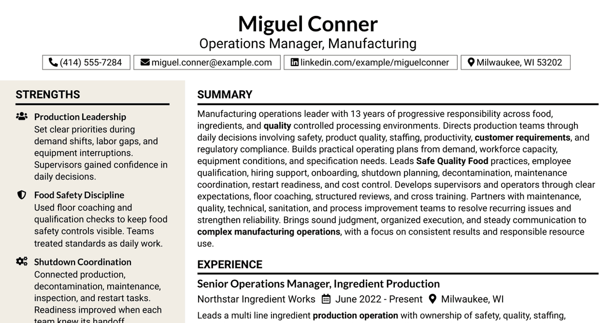7 Operations Manager - Manufacturing Resume Templates with Example