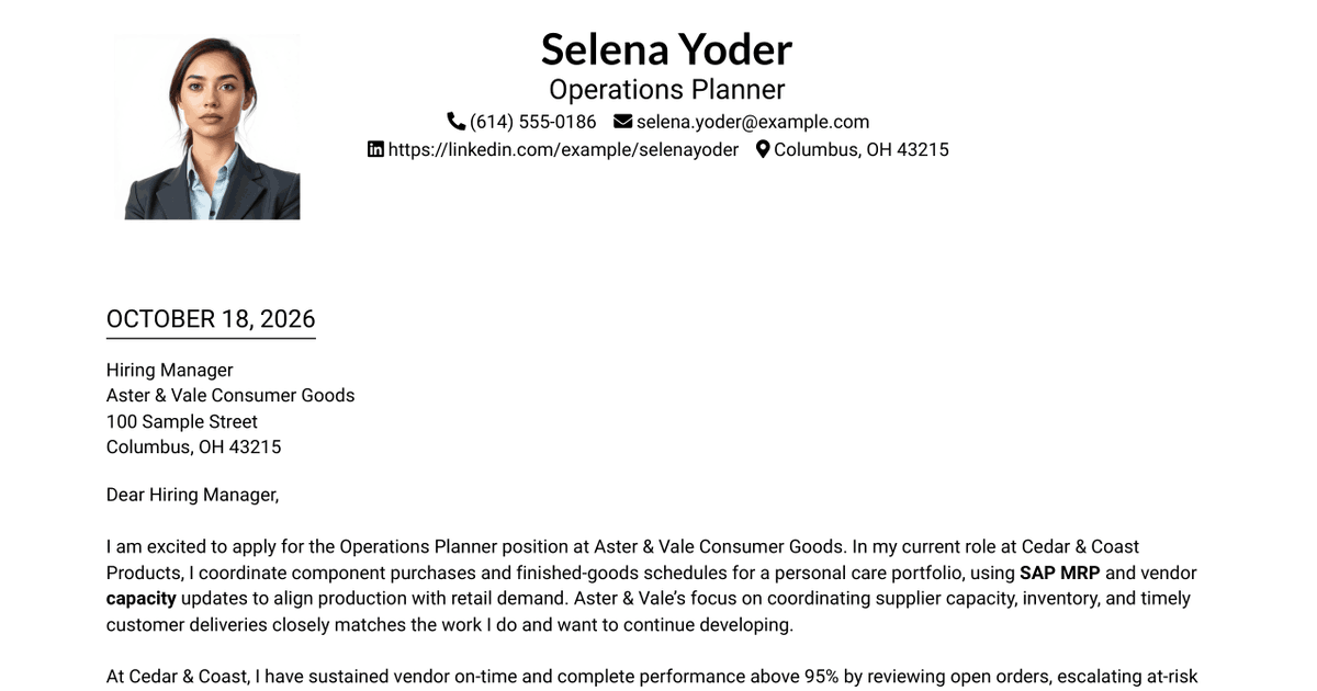 7 Operations Planner - Production and Inventory Planning Cover Letter Templates with Example