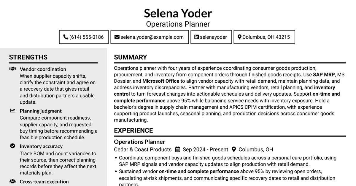7 Operations Planner - Production and Inventory Planning Resume Templates with Example