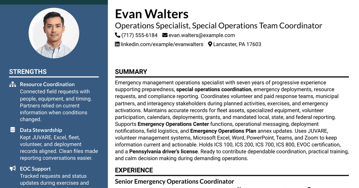 7 Operations Specialist - Special Operations Team Coordinator Resume Templates with Example