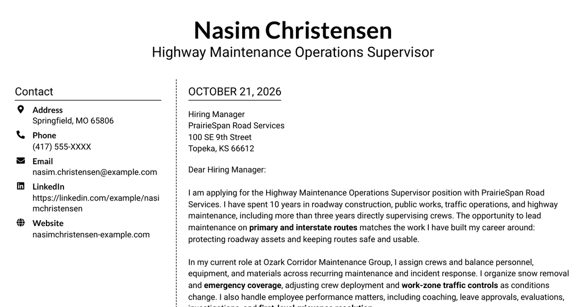7 Operations Supervisor - Highway Maintenance Operations Cover Letter Templates with Example