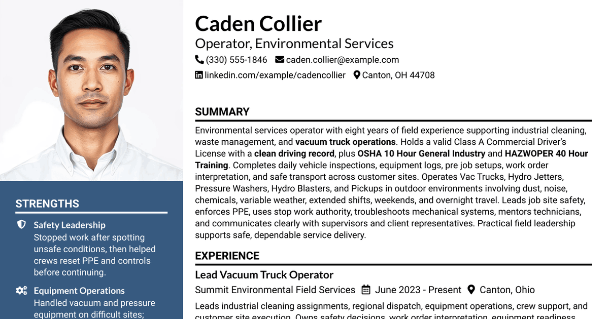 7 Operator - Environmental Services Resume Templates with Example