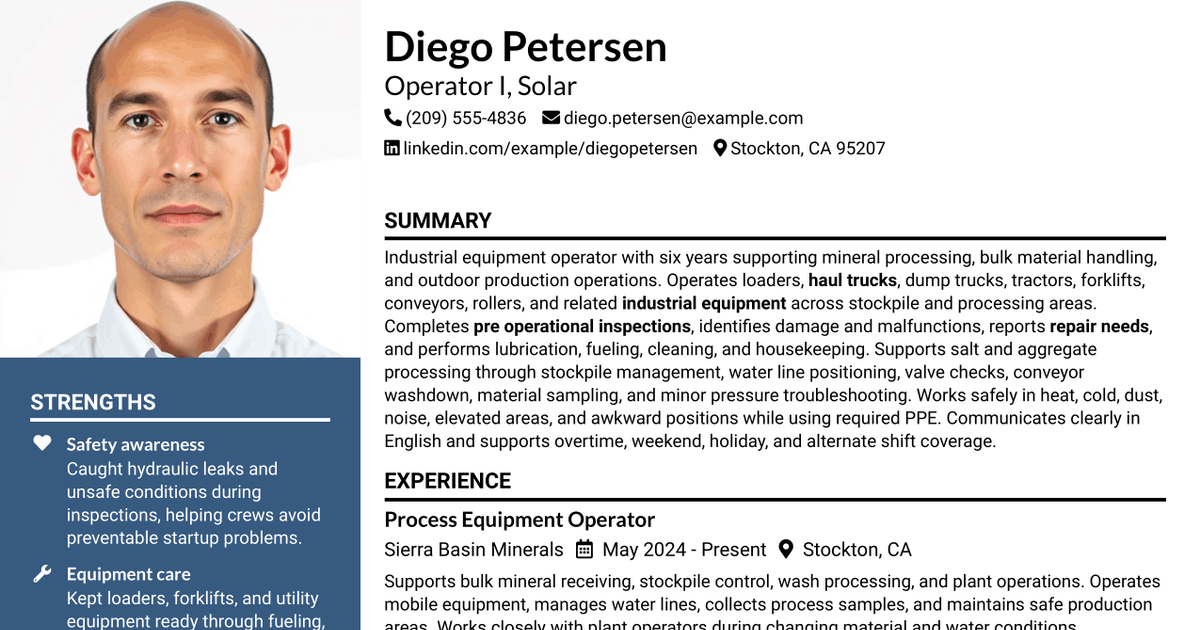 7 Operator I - Solar Resume Templates with Example