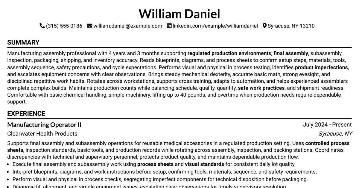 7 Operator II, MNF Resume Templates with Example