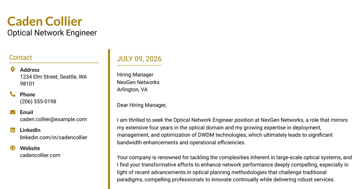 30+ Optical Network Engineer Cover Letter Templates with Example 2026