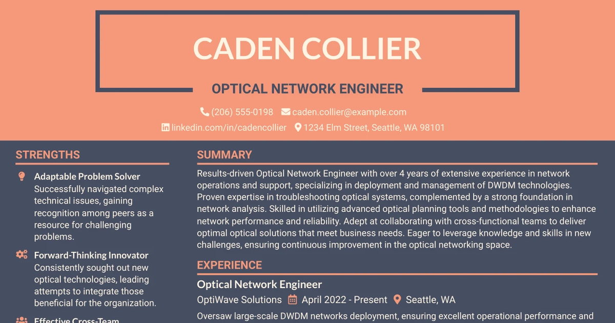 33 Optical Network Engineer Resume Templates with Example 2026 (ATS-Optimized)