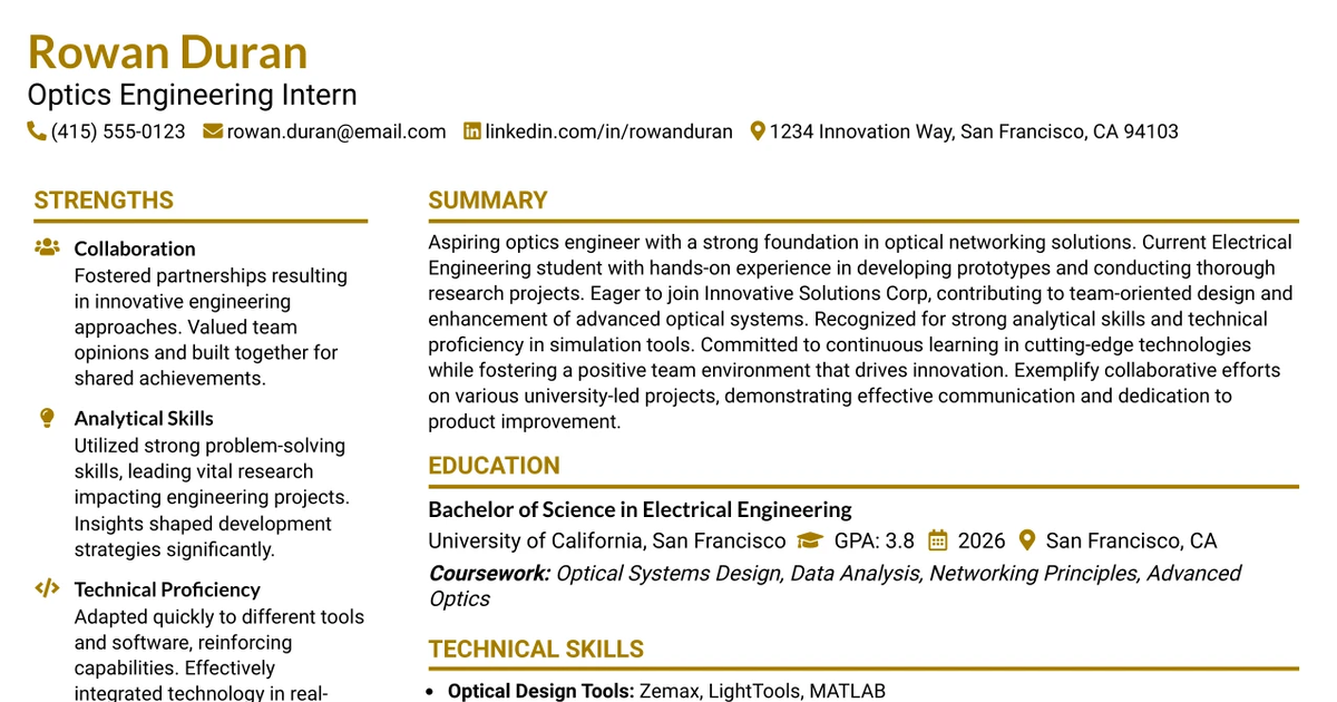 33 Optics Engineering Intern Resume Templates with Example 2026 (ATS-Optimized)