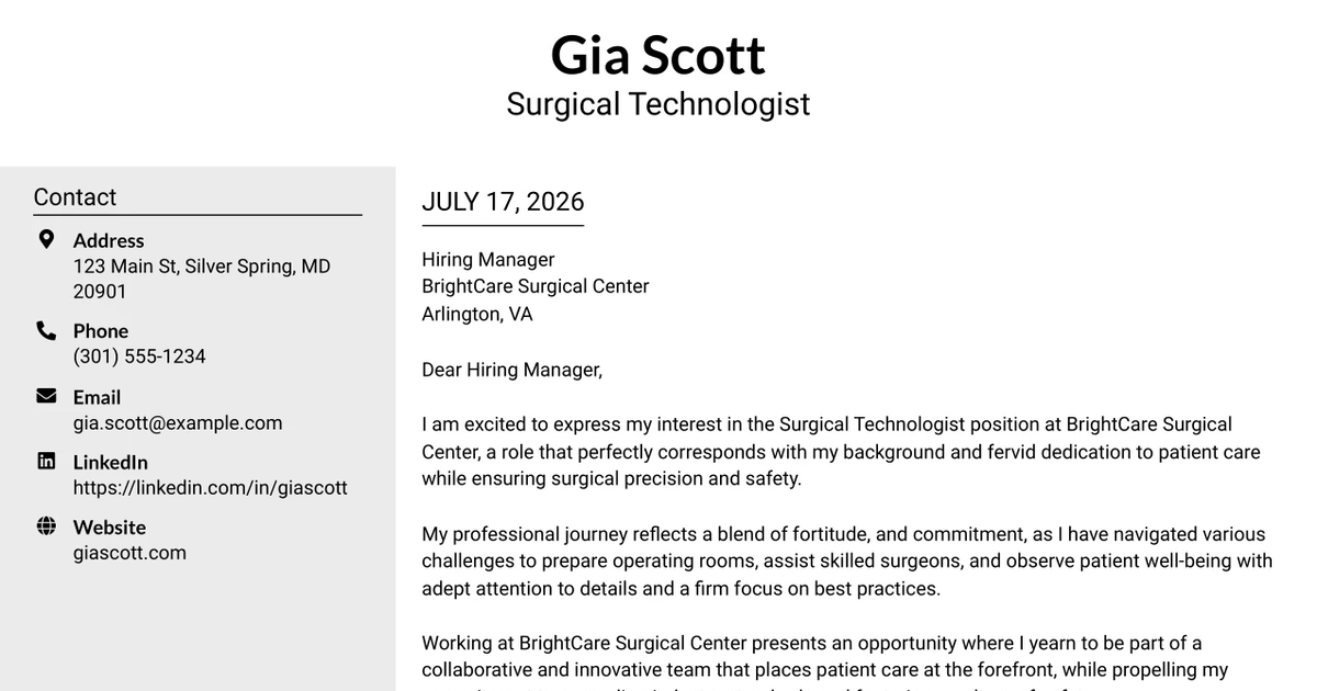 30+ OR Surgical Technologist Cover Letter Templates with Example 2026