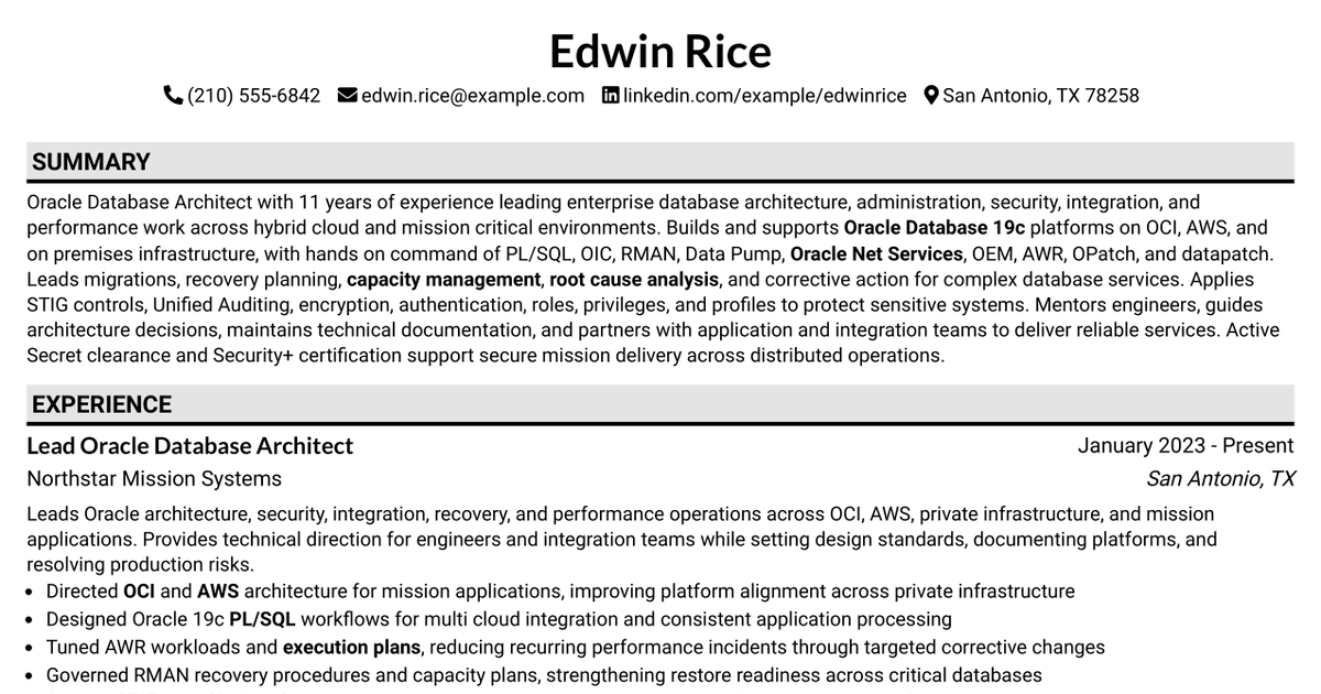 7 Oracle Database Architect Resume Templates with Example