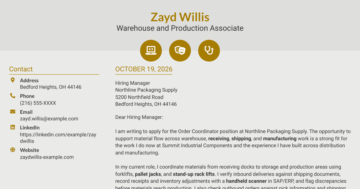 7 Order Coordinator - Warehouse Shipping and Receiving Cover Letter Templates with Example