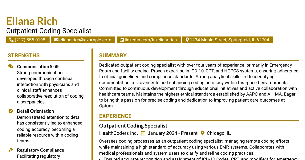 33 Outpatient Coding Specialist Resume Templates with Example 2026 (ATS-Optimized)