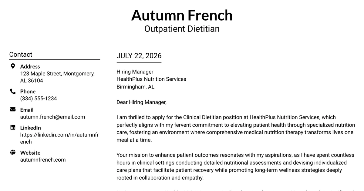 30+ OUTPATIENT DIETITIAN Cover Letter Templates with Example 2026