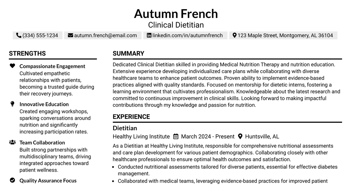 33 OUTPATIENT DIETITIAN Resume Templates with Example 2026 (ATS-Optimized)
