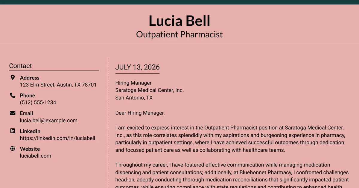 30+ Outpatient Pharmacist Cover Letter Templates with Example 2026