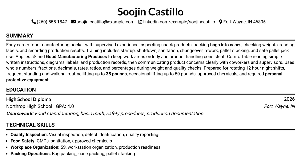 7 Packer - Food Manufacturing Resume Templates with Example
