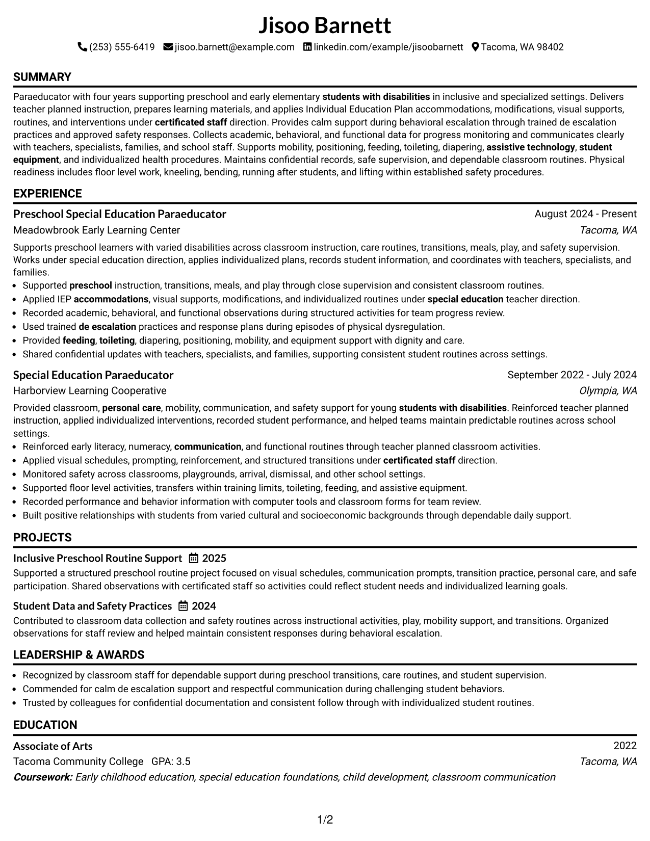 Resume Example Page 1