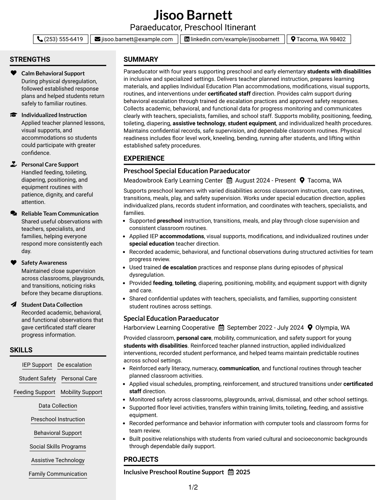 Resume Example Page 1