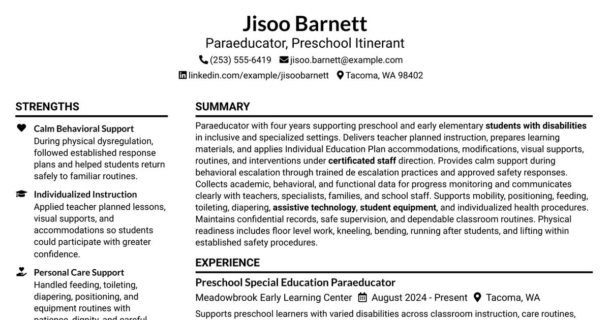 7 Paraeducator - Preschool Itinerant Resume Templates with Example