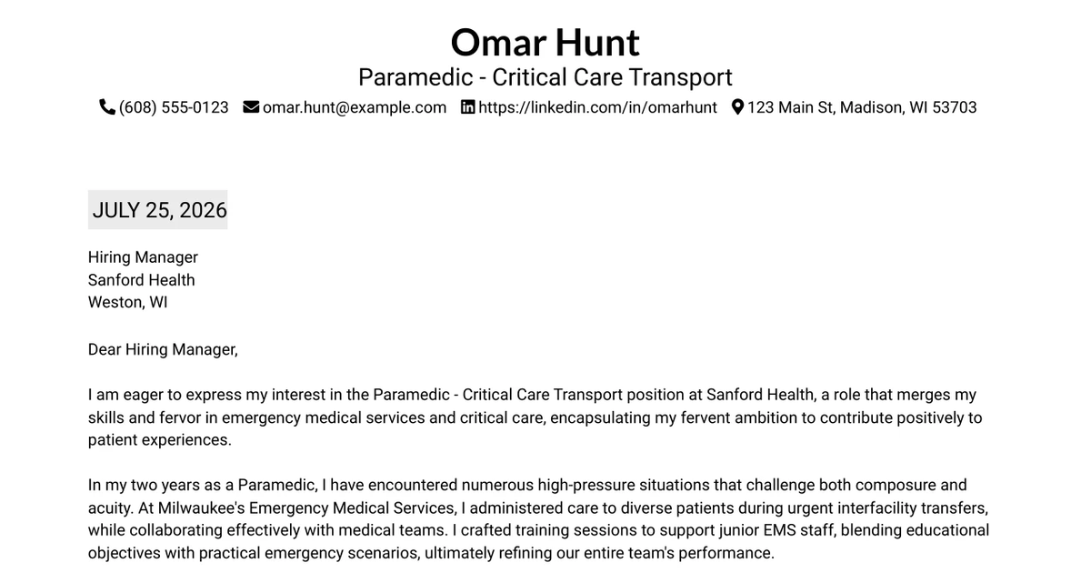 30+ Paramedic - Critical Care Transport Cover Letter Templates with Example 2026