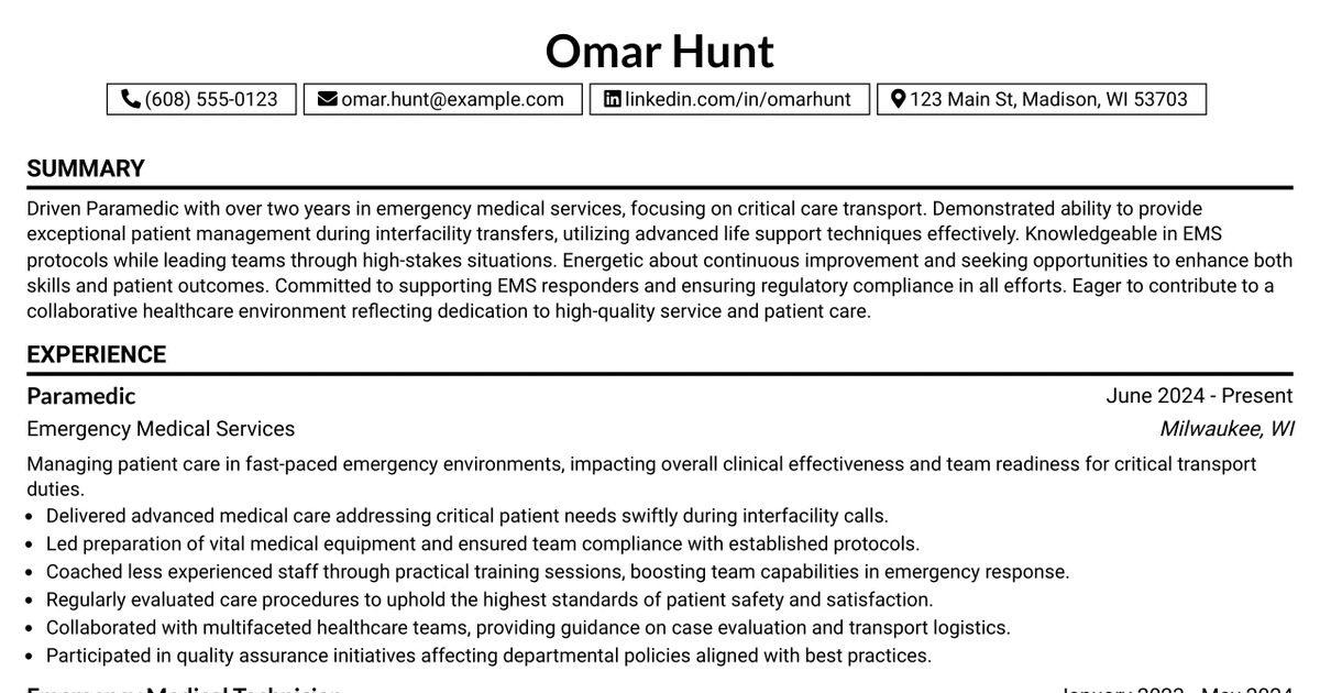 33 Paramedic - Critical Care Transport Resume Templates with Example 2026 (ATS-Optimized)