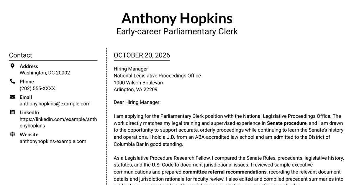 7 Parliamentary Clerk - Legislative Procedure Cover Letter Templates with Example