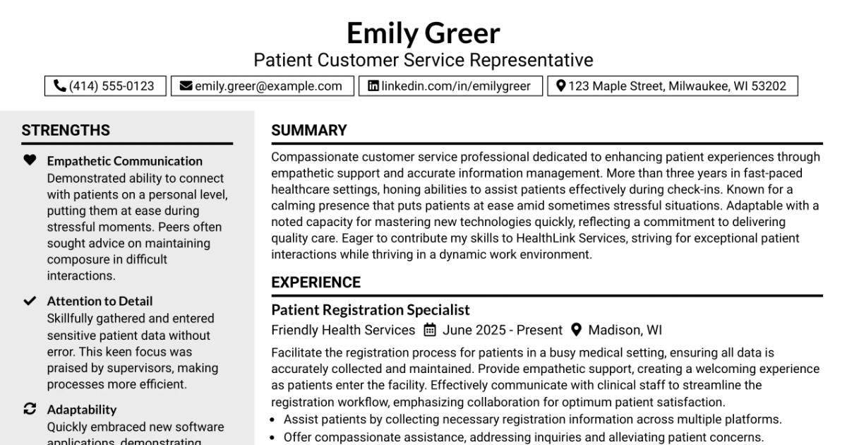 33 Part Time Patient Customer Service Representative Resume Templates with Example 2026 (ATS-Optimized)