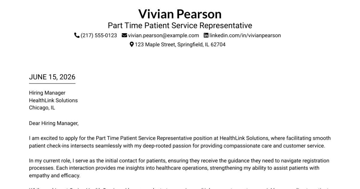 30+ Part Time Patient Service Representative Cover Letter Templates with Example 2026