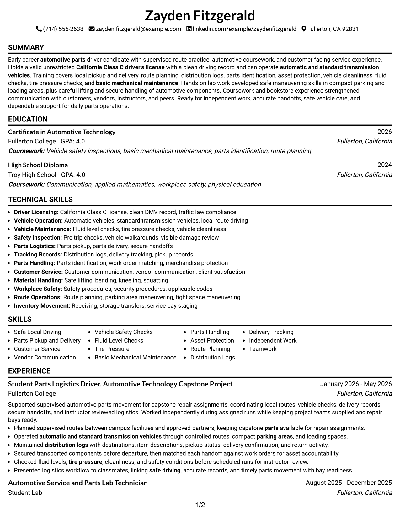 Resume Example Page 1