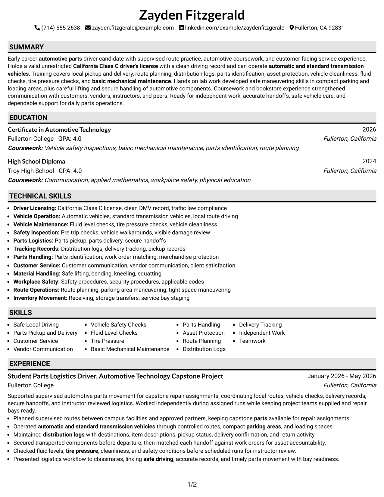 Resume Example Page 1