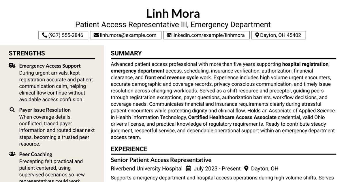7 Patient Access Representative III - Emergency Department Resume Templates with Example