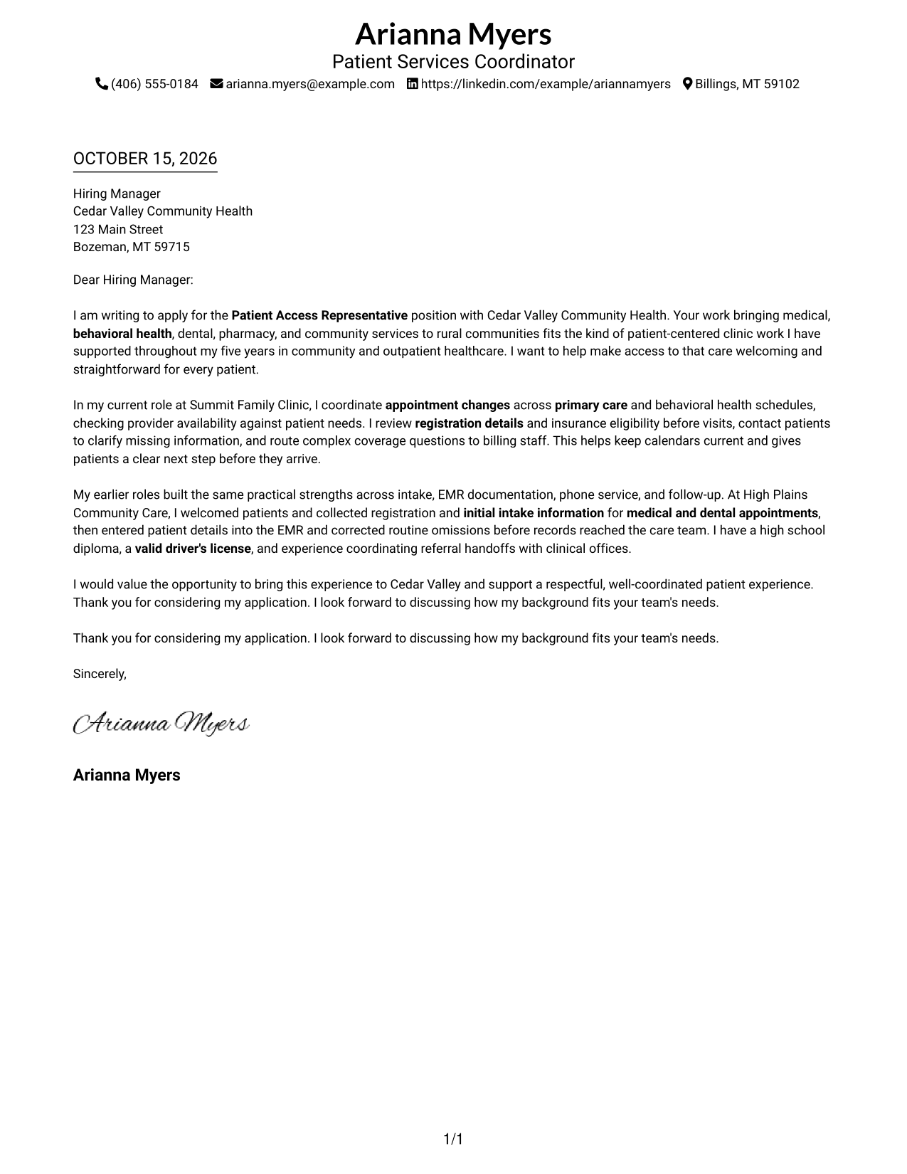 Cover letter example — page 1