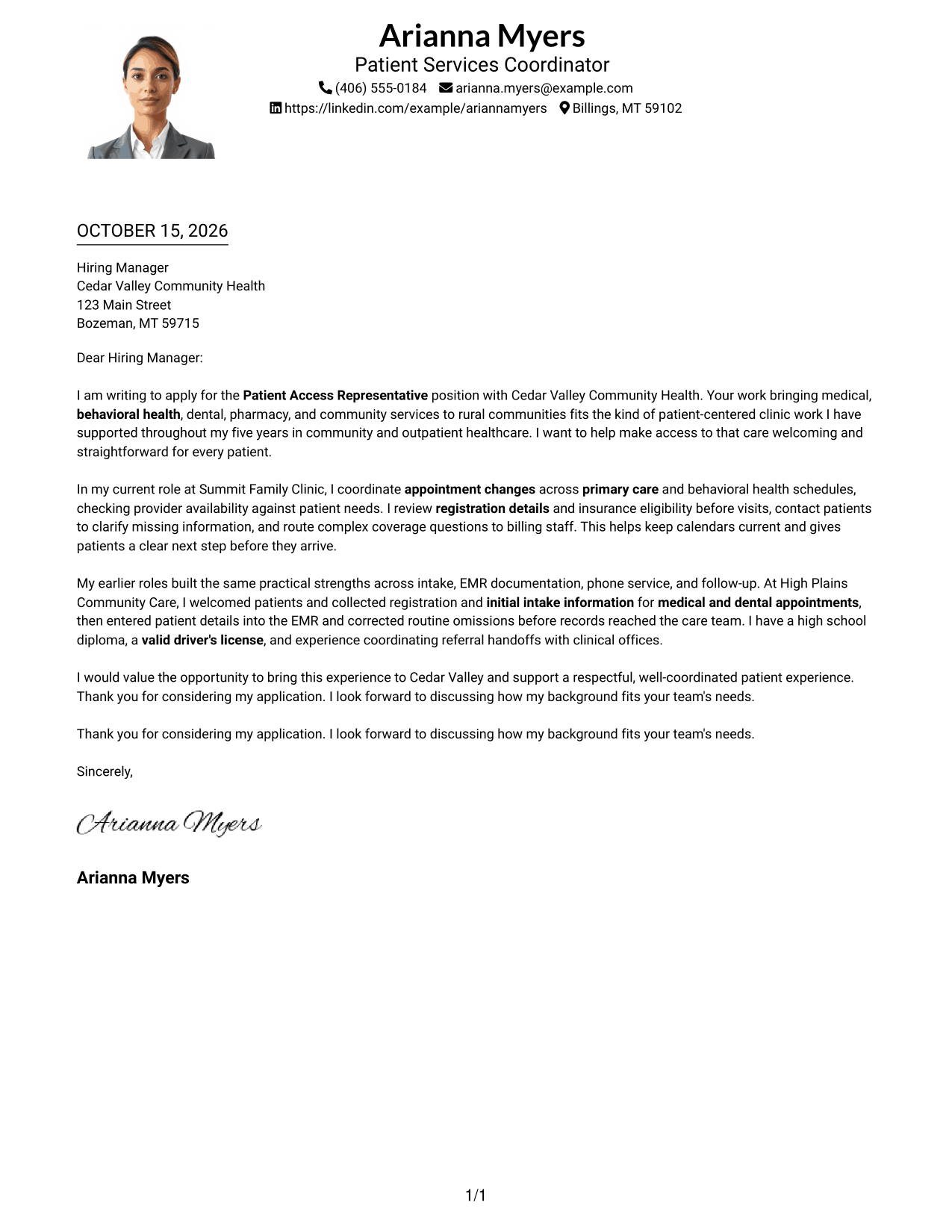Cover letter example — page 1