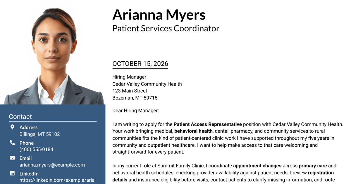 7 Patient Access Representative - Registration and Care Coordination Cover Letter Templates with Example