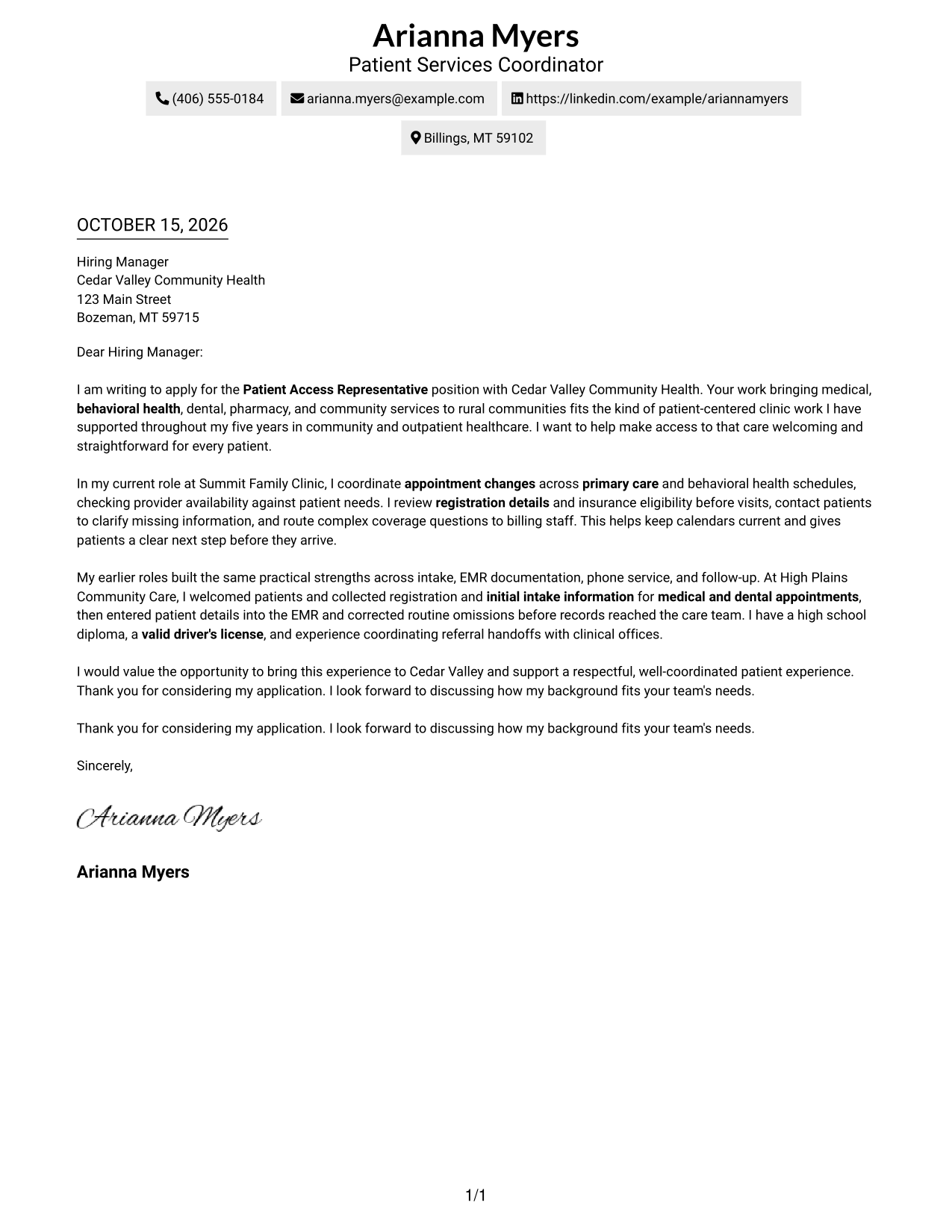 Cover letter example — page 1