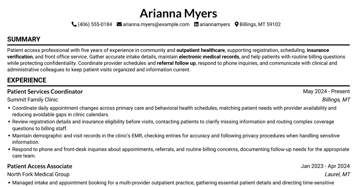 7 Patient Access Representative - Registration and Care Coordination Resume Templates with Example