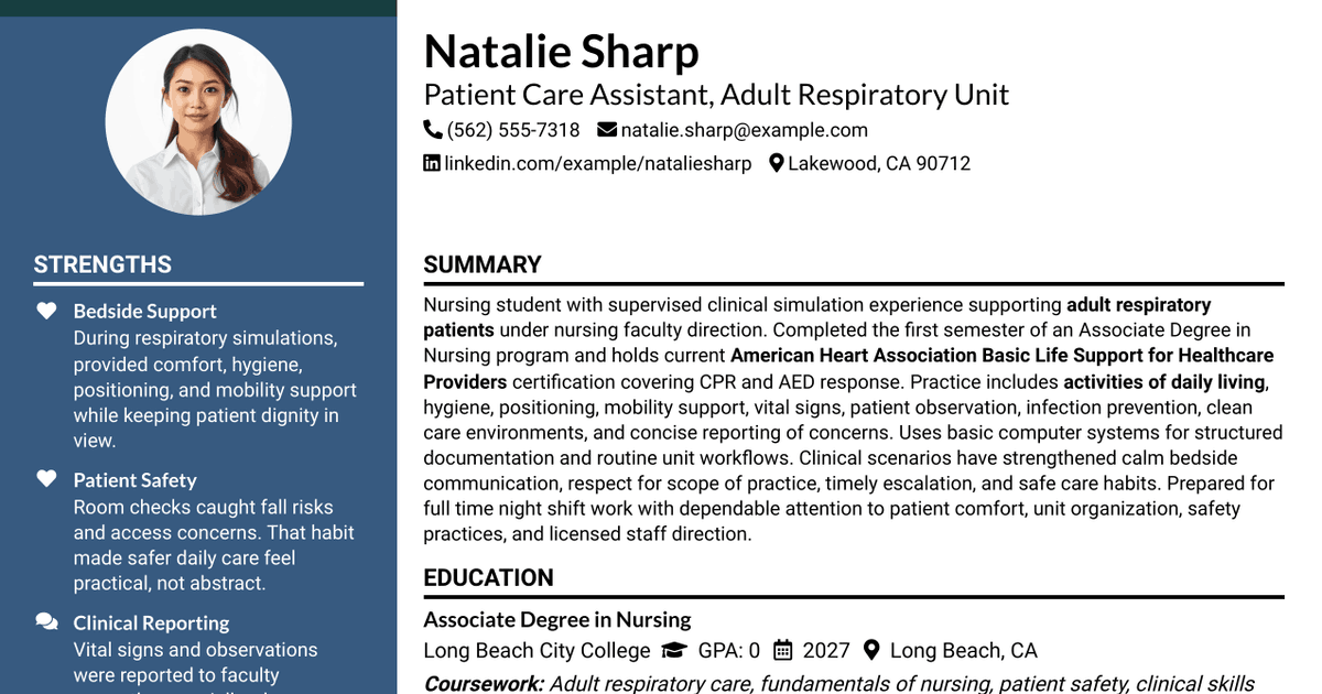 7 Patient Care Assistant - Adult Respiratory Unit Resume Templates with Example