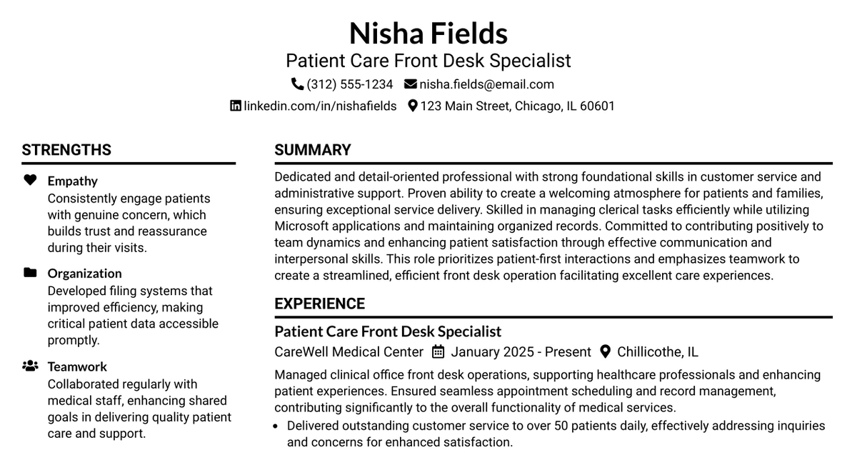 33 Patient Care Front Desk Specialist Resume Templates with Example 2026 (ATS-Optimized)