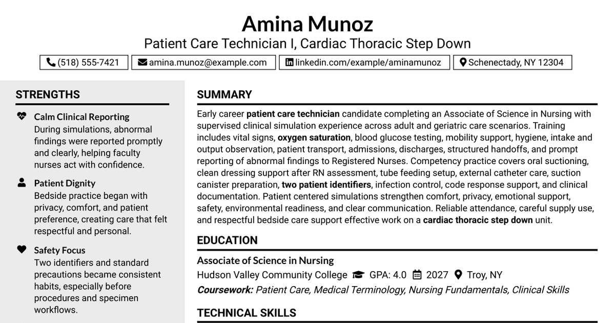 7 Patient Care Technician I - Cardiac Thoracic Step Down Resume Templates with Example