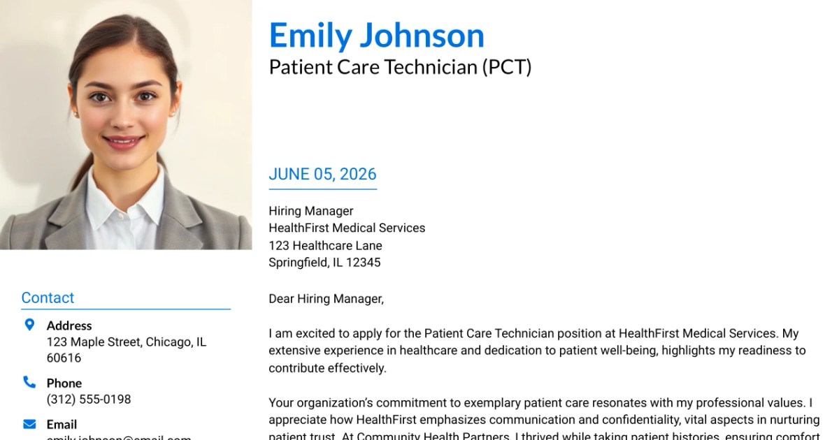 30+ Patient Care Technician (PCT) Cover Letter Templates with Example 2026