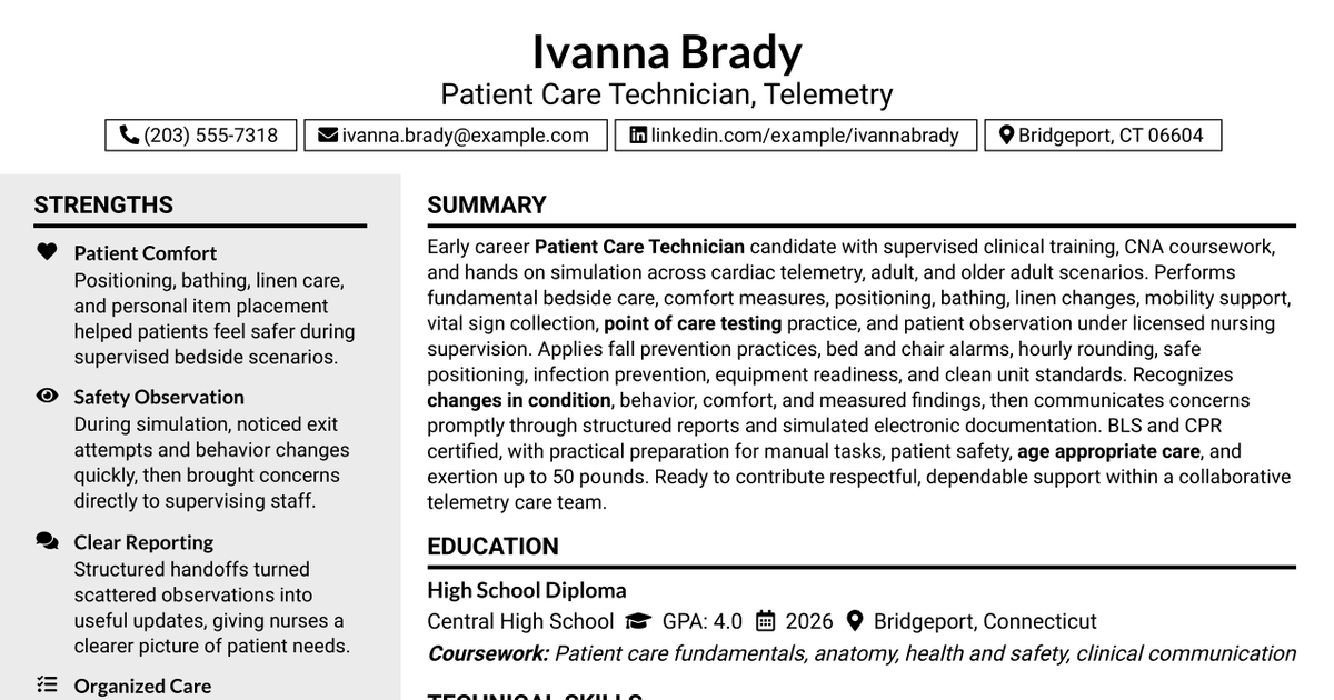 7 Patient Care Technician - Telemetry Resume Templates with Example
