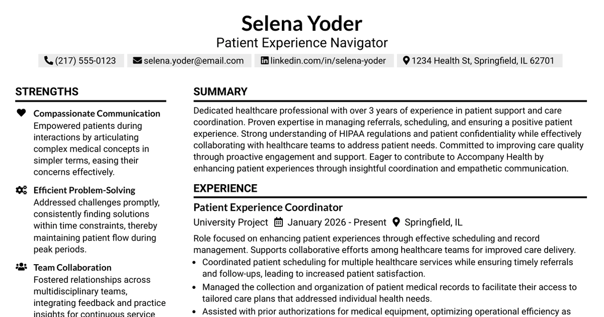 33 Patient Experience Navigator Resume Templates with Example 2026 (ATS-Optimized)